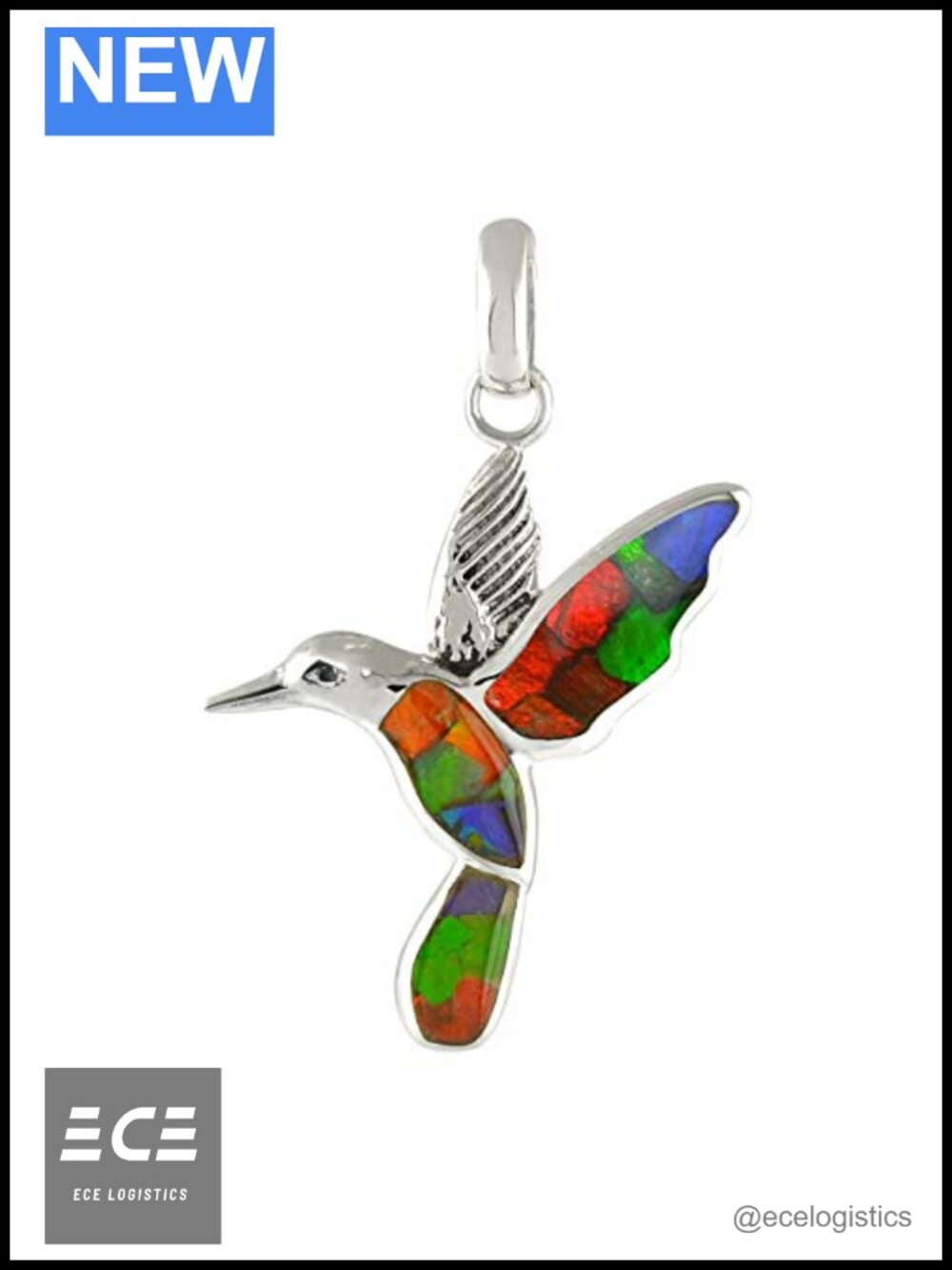 Sterling Silver Ammolite Hummingbird Pendant Necklace 925 Fine